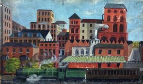20th century school  Oil on panel  Steam train pas