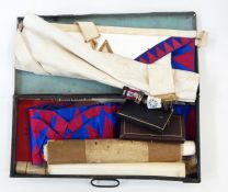 Quantity of masonic regalia, medals (two boxed) and associated items in black japanned metal case,