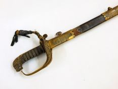 Victorian naval officers sword with brass hilt shagreen grip, inch blade and leather scabbard