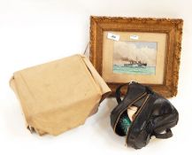 Two WWII gas marks, .30 calibre ammunition tin, and W Fred Mitchell watercolour 