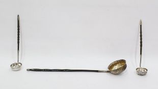 Late Victorian silver toddy ladle with circular gadrooned and rosebud repousse bowl, having