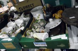 Two pairs of antique bellows, assorted collectables including Wedgwood Baby Owls Series, clock,