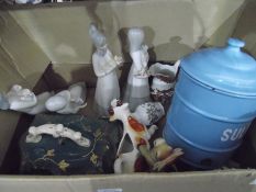 Figures made by Porcellanas, girl holding puppy, flowers, bird, cat, a vintage enamel sultana jar,