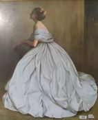 Colour print  Young woman leaning on a chair, in full flowing pale blue dress, initialled 'JPL