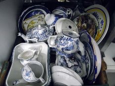 Quantity of blue and white ceramics, seriesware plate, chamber pot, Staffordshire 'Chefware' jug,