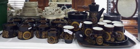 Large collection of Denbyware in brown, with ochre pattern, including lidded tureen, coffee pot,