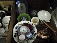 Roslyn china 'Moss Rose' part tea service, blue and white meat plate, a copper kettle, vases, etc (2