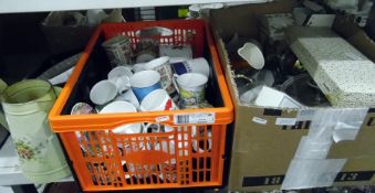 Assorted plate, brassware, ceramics, ceramic mugs, painted tin jug, Portmeirion flan dish and