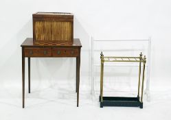 Tubular brass and iron umbrella stickstand, a mahogany and chessboard-top side table, a white