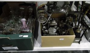 Quantity of glassware including Caithness style decanter, wines, silver plate and a small brass fire