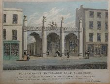Quantity of framed prints including a view of the Arcadian Entrance to Newmarket House,