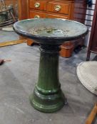 Green glazed bird bath, 40cm diameter