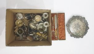 Silver plated salver with engraved decoration, various silver plated mugs, a set of silver plated