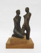 After J R Brown 'Adoration' bronze, study of two figures raised upon mahogany two-step base, both