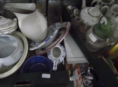 White and black rimmed enamel jug, assorted ceramics including Adams 'Old Colonial' jugs,