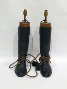 Pair of black riding boots with mahogany trees, modelled as table lamps