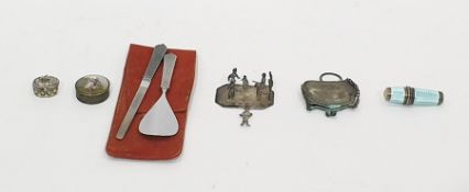 Continental silver and enamel thimble and spool holder, marked 535, the case of tapering form with