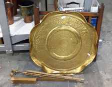 Revolving tray-top table, the brass tray with crimped edge and beaten decoration and a music stand (