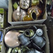 Various copper and brass kettles, copper saucepan, brass watering can, brass and copper jug,