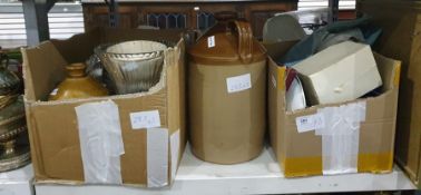 Large stoneware flagon, another smaller, assorted glassware, ceramics, etc (2 boxes and the flagon)