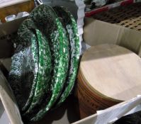 Various Spongeware platters in green and cream, other ceramics, a wicker picnic basket by