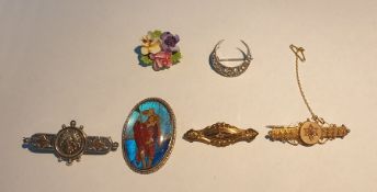 9ct gold bar brooch set seedpearls and pink stone and another 9ct gold bar  brooch set single tiny