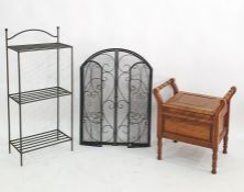20th century commode, a metal three-tier rack and a fire screen (3)