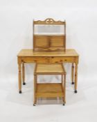 20th century pine desk with two drawers, a wall-hanging cupboard and a pine two-tier coffee table on