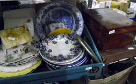 Two ceramic cottages, large blue and white bowl with ploughing horses, assorted blue and white