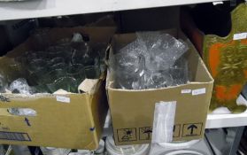 Two boxes of assorted glassware including wines, tumblers, water jug, etc and a painted wooden