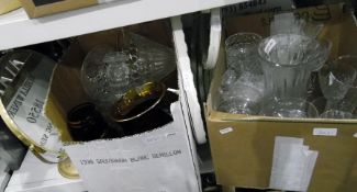 Assorted glassware including sundae dishes, vases, glass table lamp, lemonade set in dark red with