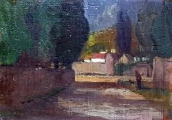 Applique framed picture showing a dog, a small oil on board, oil on board of scene of London and a