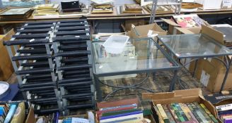Two metal and glass-topped garden tables and two metal and plastic wine racks (4)