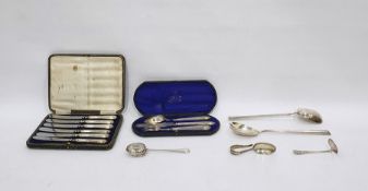 Pair of silver salad servers, a Victorian silver three-piece christening cutlery set in fitted case,