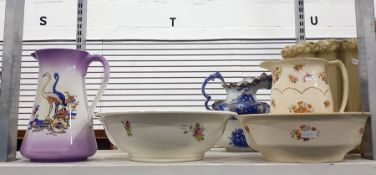 Winertons 'Hampton Ivory' ewer and basin, another basin, another ewer with flamingos and a blue