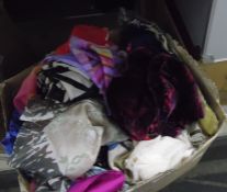Box of assorted scarves, assorted table linen, curtains, metal sewing box, etc (4)