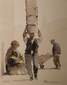 Gardner Watercolour  Figure approaching, goods loaded upon his head, figures to background, signed