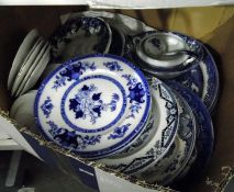 Large quantity of various blue and white ceramics including plates, lidded tureens, etc, a wood