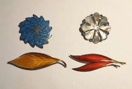 Norwegian silver gilt and yellow enamel brooch by David Andersen, modelled as a leaf, another