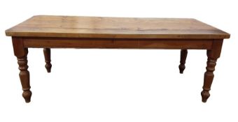 Large pine rectangular dining table on turned supports, 212cm x 87.5cm