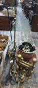 Brass fire dogs, brass companion set, a cast iron companion set with stand, EPNS tray, a coal