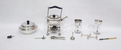 Silver plated spirit kettle on stand, a silver plated muffin dish and various other items