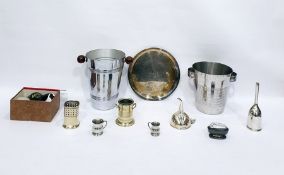 Two wine coolers and a silver plated wine funnel, a silver plated Ronson table lighter and various