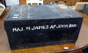 Military wood and metal bound small trunk, labelled 'On Her Majesty's Service to Supply and