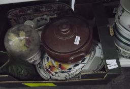 Three various chamberpots, a brown earthenware casserole dish, ceramics, a large green gurgle