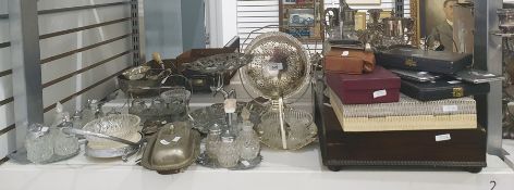 Glass dressing table set with silver plated covers decorated with owls comprising a pair of circular