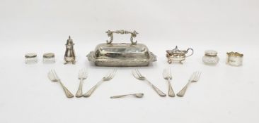 Silver napkin ring, a pair of silver topped glass jars, another silver topped glass jar and