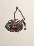 Silver, amethyst and white stone brooch (possibly