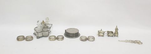 Set of six silver napkins of plain circular form, silver plated condiment set and other items