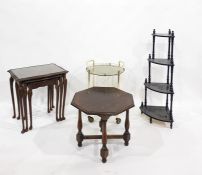 Two nests of three tables, a corner waterfall whatnot, a glass and brass tea trolley and an